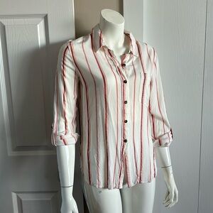 Kismet 100% rayon off-white, muted red and blush pink striped button up blouse M
